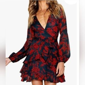 UGUEST Red & Black V-Neck Floral Faux Wrap Tie Dress - Size S